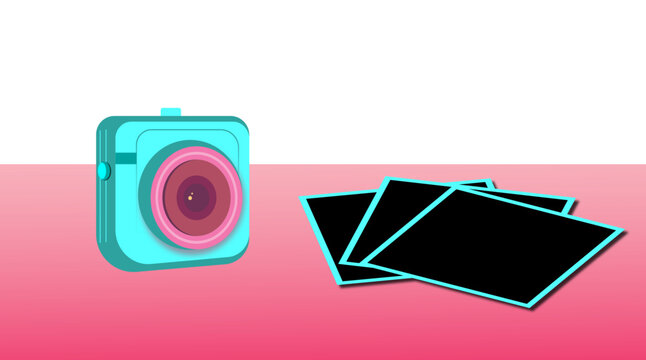 Teal camera with pink lens and black photos Vector
