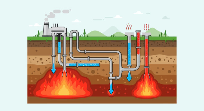 Geothermal energy generation process illustration showing steam and hot water harnessed from earth's heat to power a factory
