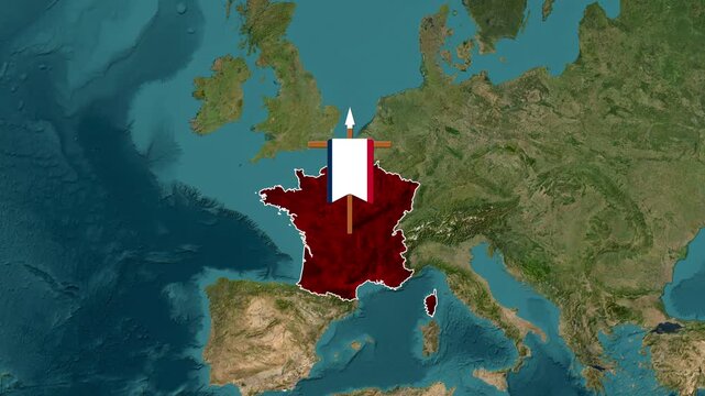 French flag banner animated over a map of France in Europe with satellite imagery