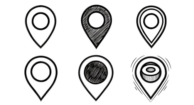 Set of hand drawn location pin map markers with location navigation position destination isolated