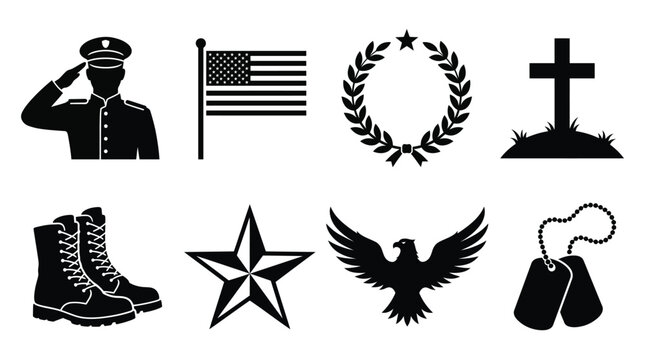 Memorial day icons set including soldier saluting american flag laurel wreath cross boots star eagle and dog tags on white background