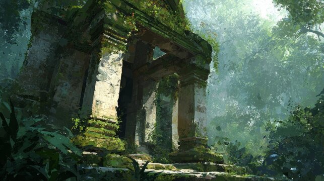 Ancient moss-covered temple ruins enveloped by lush jungle foliage, revealing a forgotten sanctuary.