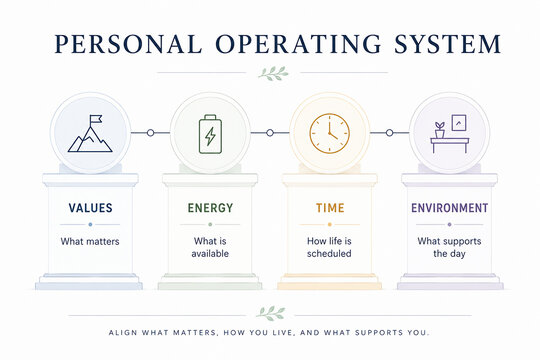 An infographic illustrates the four components of a Personal Operating System: Values, Energy, Time, and Environment.
