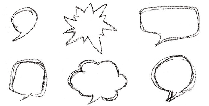 Set of hand-drawn charcoal and pencil speech bubbles. Includes cloud starburst rectangular and round comic dialogue clouds isolated on a transparent background