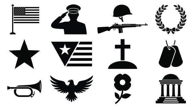 Memorial day icons set including soldier saluting american flag laurel wreath cross boots star eagle and dog tags on white background