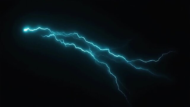 Lightning bolt strike with intense blue plasma electricity glowing in the dark night for a dramatic cinematic visual effect