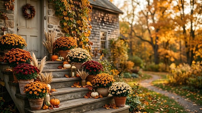 Bright flower pots are lined on the wooden steps of a house. A path leads into a garden with trees changing color. Small pumpkins are placed among the flowers