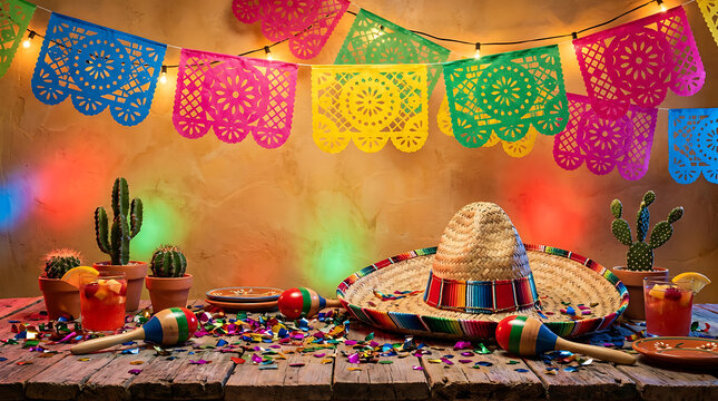A vibrant Mexican celebration setup with colorful decorations and traditional items on a wooden table