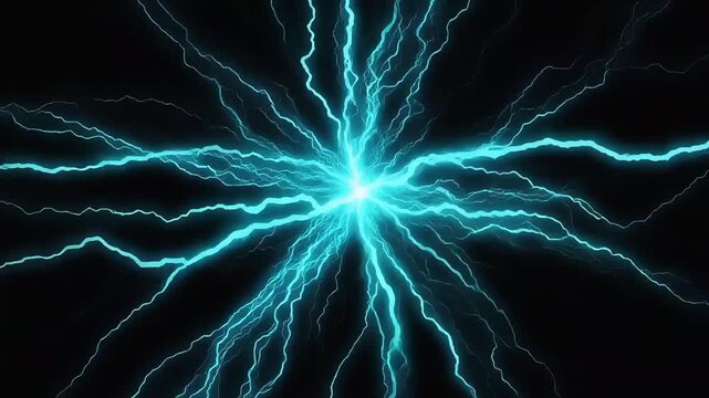 Lightning strike animation featuring intense blue electric plasma branching outward with dramatic glowing surges in a dark cinematic motion sequence