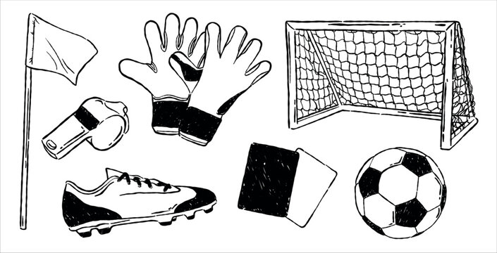 soccer and football doodles vector set. soccer ball, football gate, cleats boot, goalkeeper gloves, corner flag, referee whistle, referee cards. hand drawn isolated organic ink sketch clipart elements