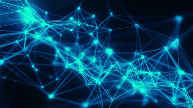 Abstract Network Connection: An intricate web of glowing blue nodes and connecting lines forms a complex digital network against a dark background, symbolizing data flow and interconnectedness.