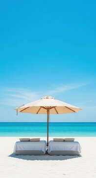 Luxurious beach setup featuring comfortable sleeping beds shaded by a large umbrella, near the tranquil ocean water and soft, powdery sand, background, umbrella, shore