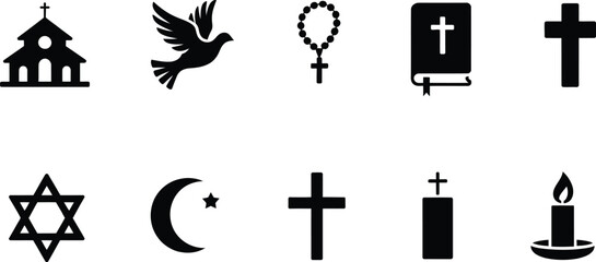 Fototapeta premium Religious Symbols and Christianity Icons Vector Set with Cross Bible Church and Faith Elements