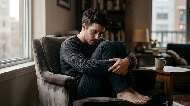 A man is sitting in a chair with his legs curled up. He has a thoughtful look on his face. The room is bright and has bookshelves. Light comes from a window