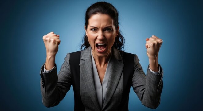 Furious Businesswoman Shouting with Clenched Fists Raised in Anger 1.