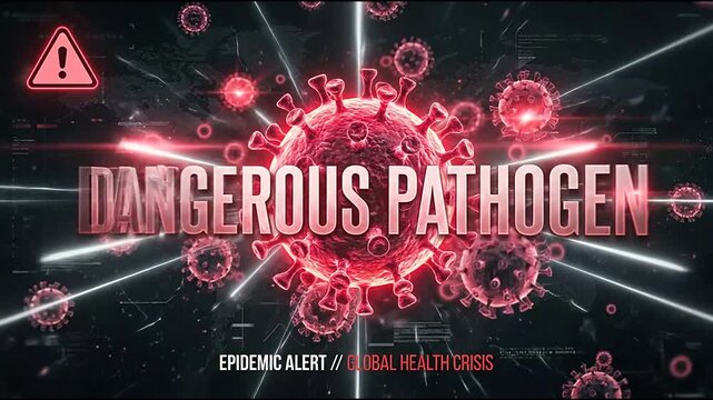 Dangerous pathogen alert with microscopic red virus cells.