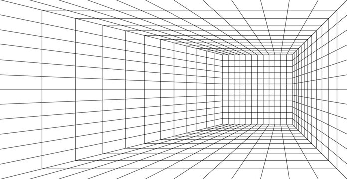 Abstract 3D perspective wireframe room corridor vector illustration. Digital grid pattern background featuring a linear architectural tunnel interior design, ideal for tech, cyberpunk, and virtual rea