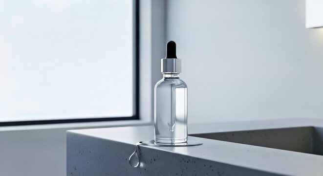 Clear Glass Droper Bottle With Black Rubber Tip on Concrete Edge
