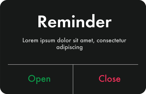 Reminder Popup UI Alert Modal Notification App Interface Open Close Buttons Vector Design