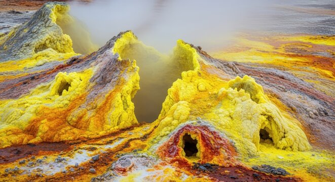 Vibrant yellow sulfur and mineral deposits forming intricate patterns on a steaming geothermal landscape, showing geological features, colorful, surface, texture