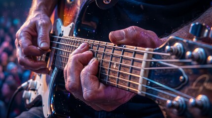 Obraz premium Musician's skilled hands play electric bass on National Concert Day stage