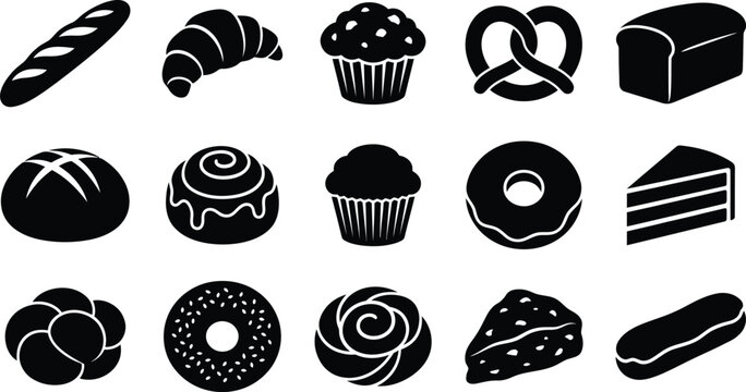 Black and white bakery assorted sweet and savory breads and pastries sweets desserts