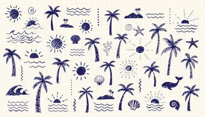 Obraz premium Tropical doodle art a whimsical collection of palm trees sun and ocean waves