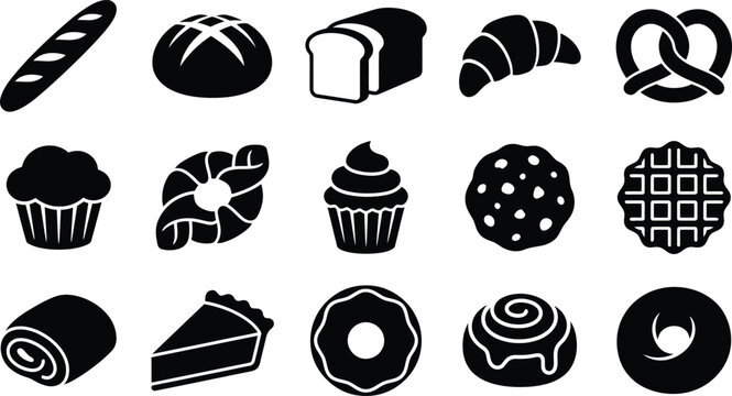 Black and white bakery including bread, pastries, and desserts