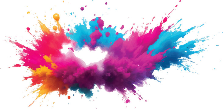 Colorful powder explosion in red pink yellow blue and purple dust clouds with white background explosion abstract celebration decoration festival isolated movement multicolor particles