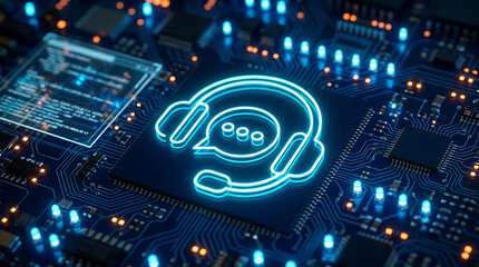 Fototapeta premium Artificial intelligence customer service chatbot icon on a futuristic circuit board with glowing blue lights and digital connections.