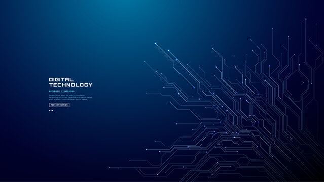 Abstract blue tech background with glowing circuit line patterns, cyber board elements and digital data flow. Futuristic vector texture inspired by modern technology innovation.