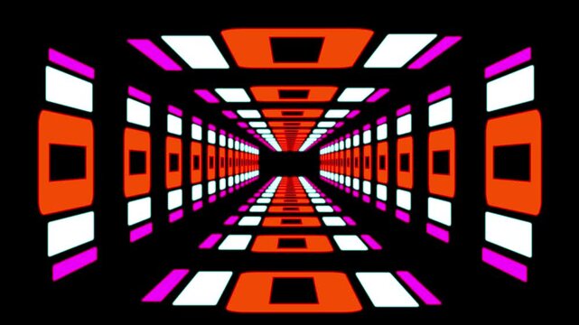 Infinite loop Tunel, disco infinity futuristic tunel, 4k looped abstract high-tech tunnel with glowing lights, Abstract Neon Geometric Shapes Floating in Futuristic Tunnel, Flash tunel animation