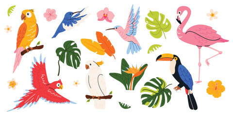 Obraz premium Tropical paradise vector collection with exotic birds, jungle leaves and bright flowers. Cute flamingo, toucan, parrots and tropical plants in trendy cartoon style. Colorful summer illustration set 