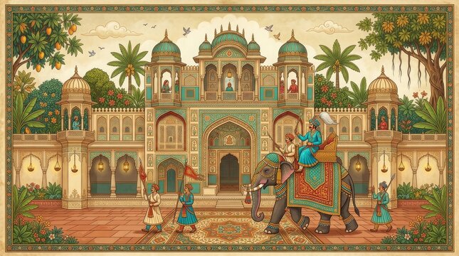 Indian palace exterior with elephant procession vintage style illustration
