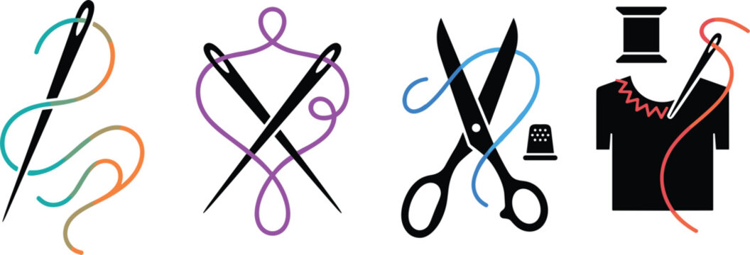 Tailoring and sewing vector icon set with needle thread scissors thimble and shirt graphics representing handmade fashion alteration craft and dressmaking concepts