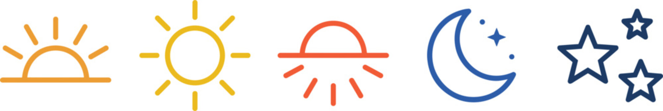 Sunrise sun sunset moon and stars linear vector icon set representing daily cycle weather timeline and day night time progress concepts