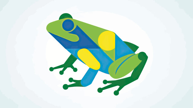Geometric frog in green, blue, and yellow on a light background