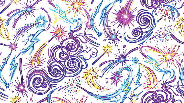 Vibrant neon magic seamless pattern with sparkling magic wands shooting stars swirling cosmic clouds and lightning bolt graphics on a white background