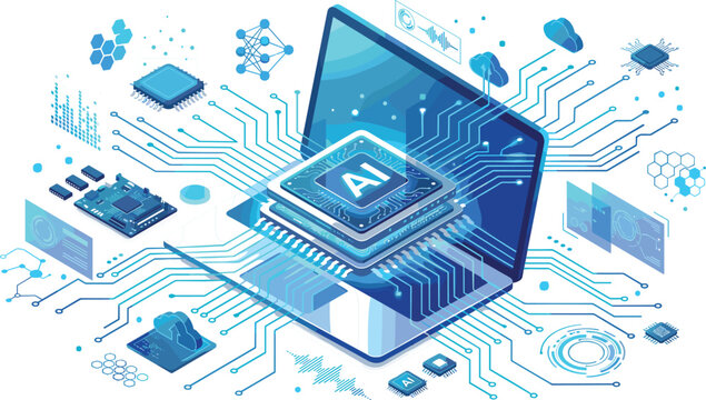 Artificial intelligence and deep learning isometric vector illustration with laptop computer central AI microprocessor hardware and network circuit line graphics