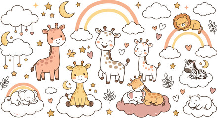 Cute boho nursery safari animal sticker set with cartoon baby giraffes elephant lion zebra sleeping on clouds under rainbows for kids wall decor vector illustration © Md