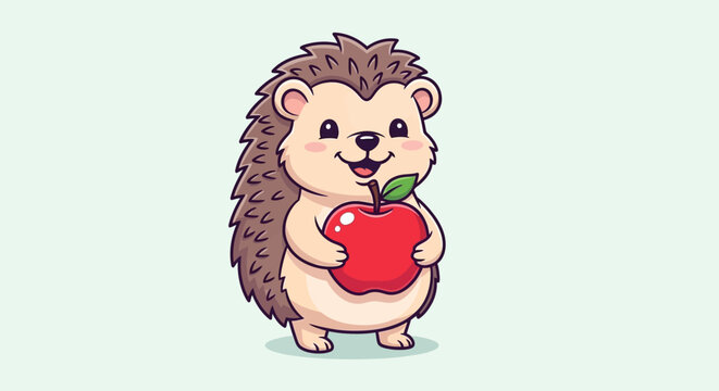 Cartoon hedgehog holding red apple illustration isolated on white background