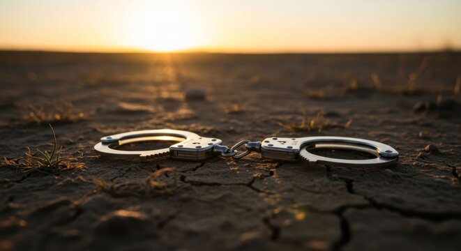 Handcuffs lying on cracked dry earth at sunset.