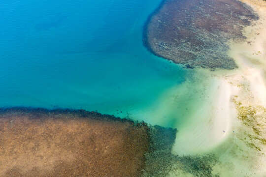 Aerial perspective reveals a person in clear, shallow turquoise water near white sandbars and vast coral formations during a sunny day