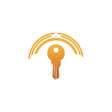 Golden key logo design with signal icon.