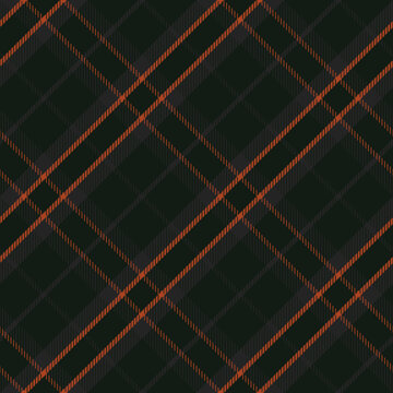 Dark green plaid fabric pattern with orange diagonal lines and layered geometric texture for textile, wrapping, fashion, wallpaper, and modern decorative surface design. Vector illustration.