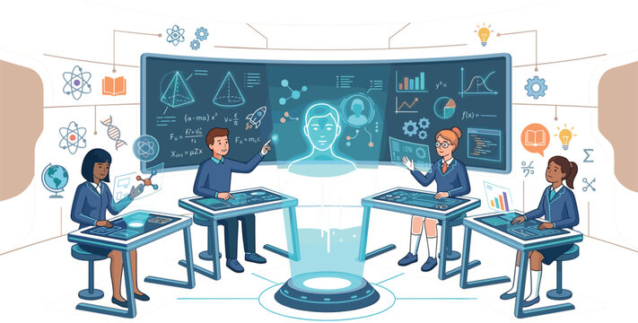 Futuristic school classroom with diverse students learning science and math using interactive holographic screens digital tablets and smart technology vector illustration