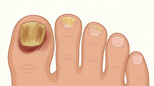 Medical illustration of toenail fungus on human toes showing yellowing and thickening of the nail plate with inflammation.