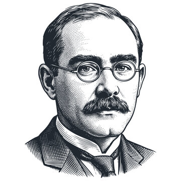 Vector engraving portrait of the renowned English writer Rudyard Kipling. Vintage monochrome line art illustration isolated on a white background.