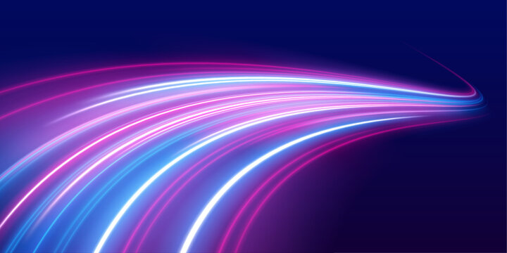 Futuristic neon light trails curve along cyber city streets at night, forming swirling energy waves with motion blur vector illustration