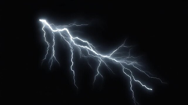 Lightning strike glowing with intense electrical plasma energy flashing in a dark night sky for cinematic visual motion effects